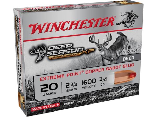 WINCHESTER DEER SEASON XP COPPER IMPACT AMMUNITION 20 GAUGE 2-3/4″ 3/4 OZ COPPER EXTREME POINT SABOT SLUG LEAD-FREE 250 ROUNDS