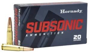 Hornady Subsonic 7.62x39mm 255 grain Sub-X ammunition box in dark gray and red with two loose cartridges displaying red polymer tips