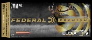 Federal Premium ELD-X 7mm PRC 175 grain ammunition 20-round box featuring an elk graphic and a visible cartridge