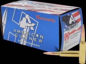 Hornady American Gunner 6.5 Creedmoor 140 grain BTHP ammunition 50-round box featuring a blue, white, and red patriotic design with two loose cartridges