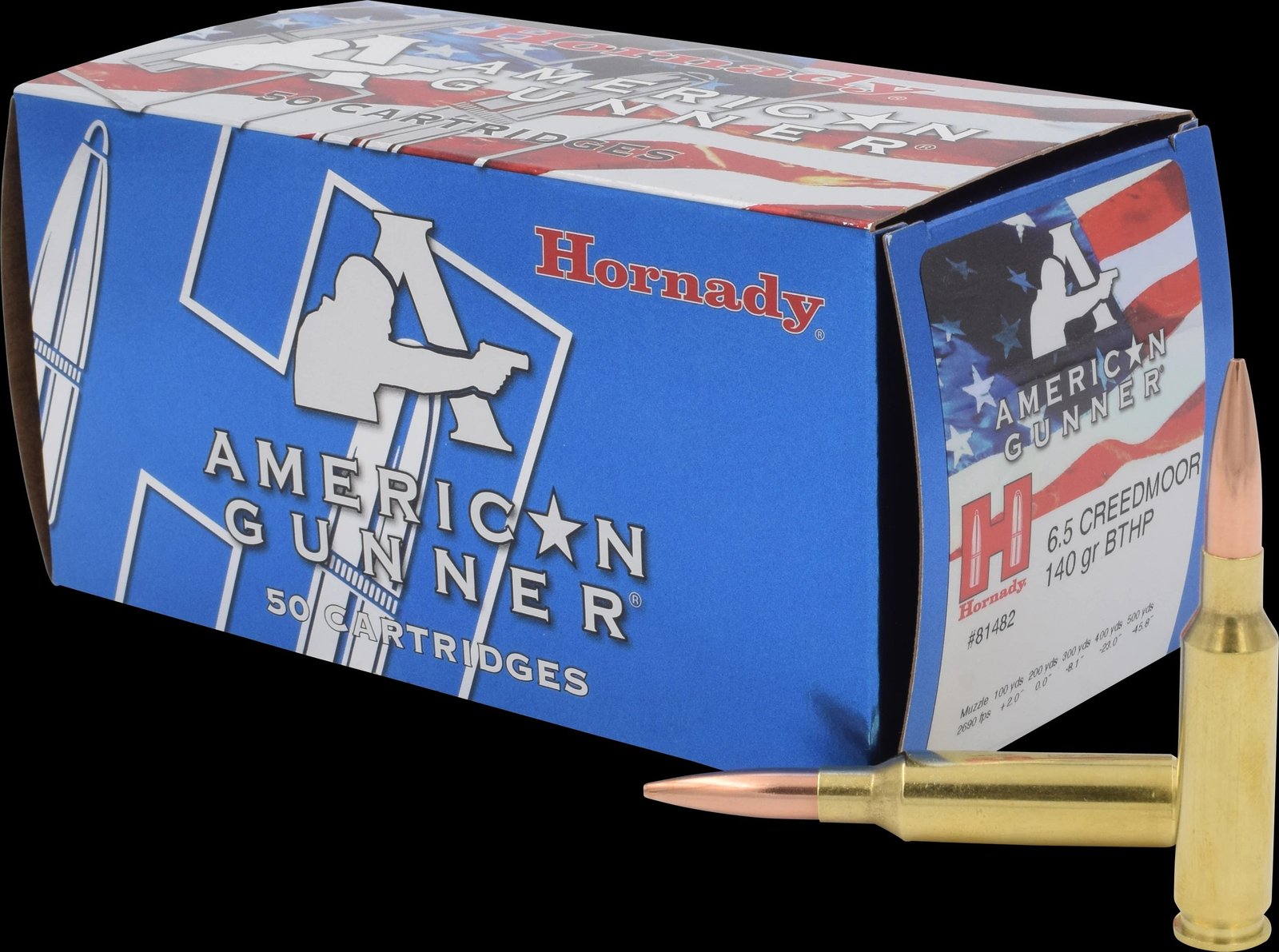 Hornady American Gunner 6.5 Creedmoor 140 grain BTHP ammunition 50-round box featuring a blue, white, and red patriotic design with two loose cartridges