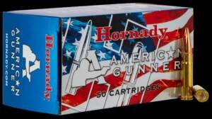 Hornady American Gunner .300 AAC Blackout 125 grain hollow point ammunition 50-round patriotic red, white, and blue box featuring American flag graphics and loose cartridges