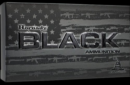 Hornady BLACK 7.62x39mm 111 grain MonoFlex copper ammunition box featuring a dark tactical aesthetic with an embossed American flag backdrop