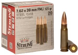Sterling Steel 7.62x39mm 123 grain FMJ ammunition 20-round box featuring brown packaging with silver accents, Crown logo, and three standing steel cartridges