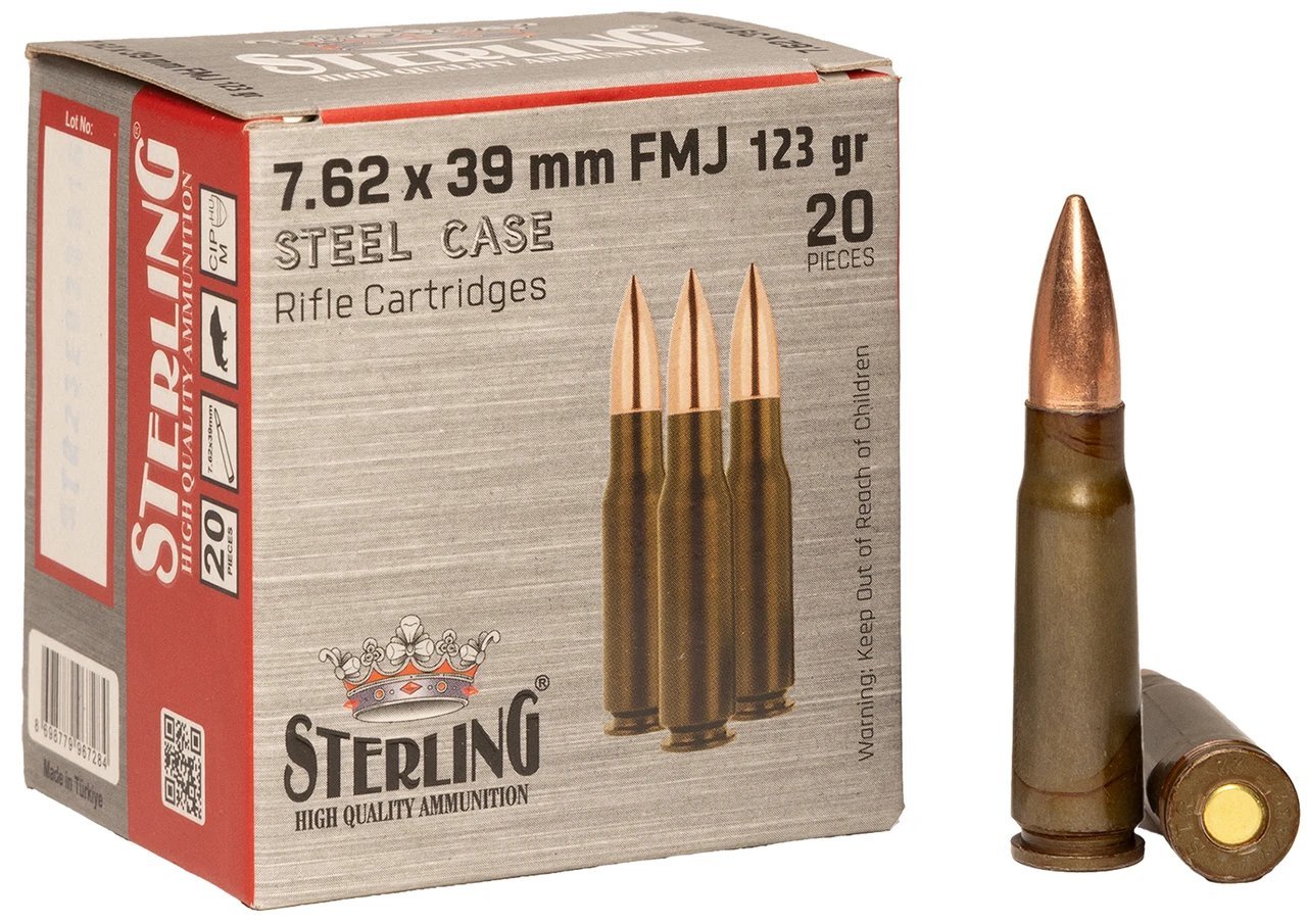 Sterling Steel 7.62x39mm 123 grain FMJ ammunition 20-round box featuring brown packaging with silver accents, Crown logo, and three standing steel cartridges