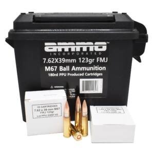 Ammo Inc. M67 7.62x39mm 123 grain FMJ ammunition 180-round black polymer ammo can with two 15-round white boxes and three loose cartridges in front