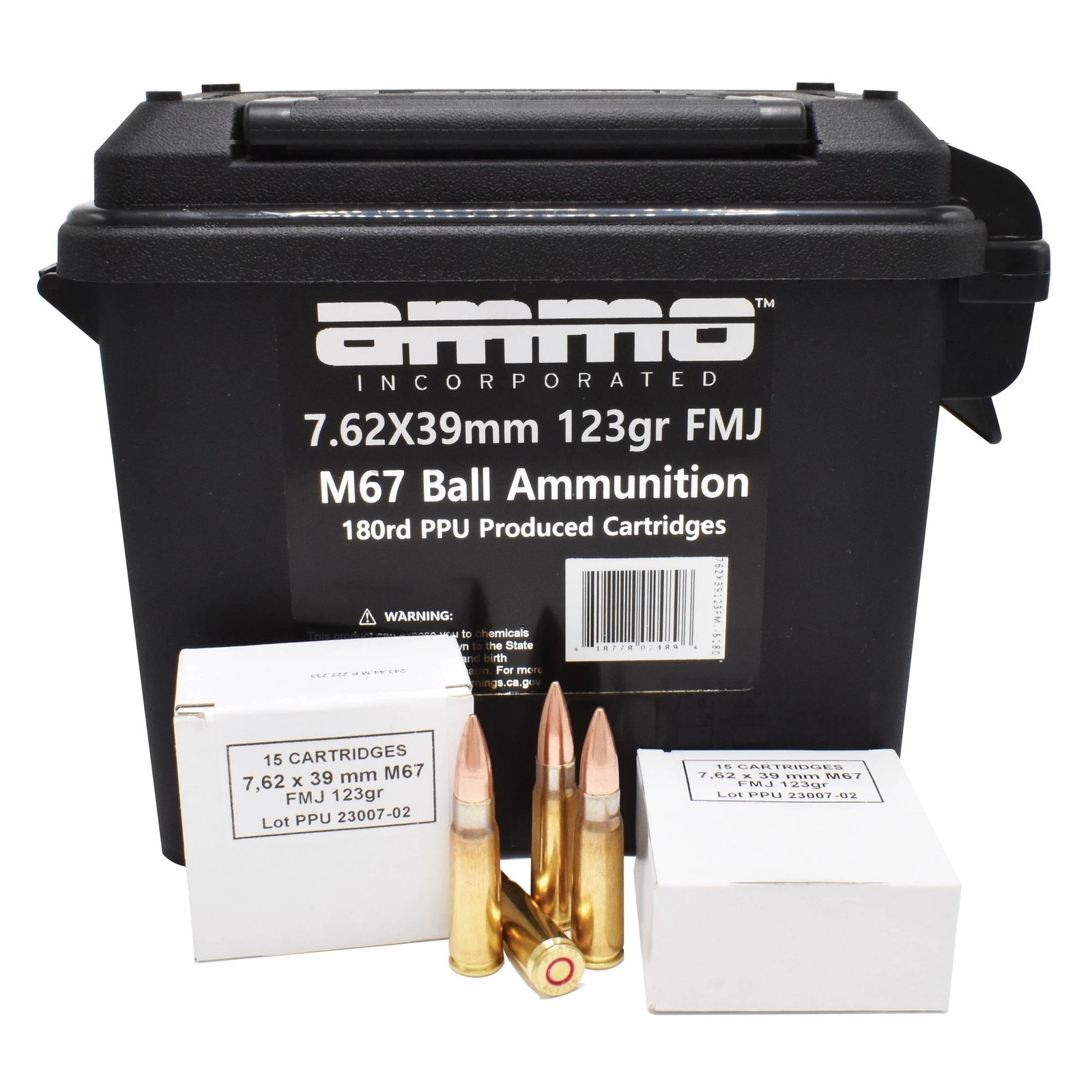 Ammo Inc. M67 7.62x39mm 123 grain FMJ ammunition 180-round black polymer ammo can with two 15-round white boxes and three loose cartridges in front