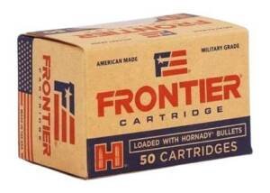 Hornady Frontier 7.62x39mm 123 grain FMJ ammunition 50-round box featuring brown kraft-style packaging with red Frontier branding and an American flag motif