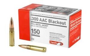 Aguila .300 AAC Blackout 150 grain FMJ ammunition 50-round red and white box featuring eagle branding and loose brass cartridges