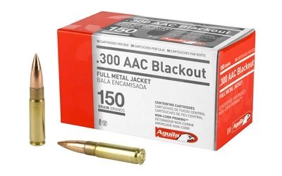 Aguila .300 AAC Blackout 150 grain FMJ ammunition 50-round red and white box featuring eagle branding and loose brass cartridges