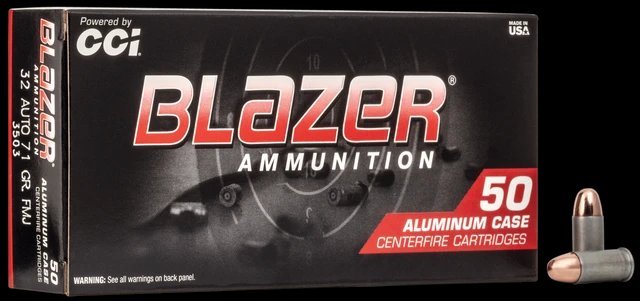 Blazer Aluminum .32 Auto 71 grain FMJ ammunition 50-round box and loose cartridges