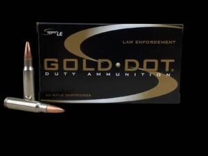 Speer Gold Dot LE .308 Winchester 168 grain GDSP ammunition 20-round box featuring black packaging with metallic gold swoosh branding and two cartridges