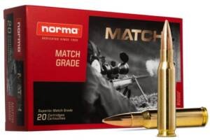 Norma Golden Target .308 Winchester 168 grain BTHP ammunition 20-round box featuring vibrant red packaging with 'MATCH GRADE' text and a background target shooting graphic