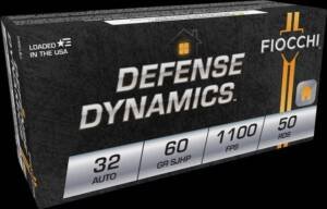 Fiocchi Defense Dynamics .32 Auto 60 grain SJHP ammunition, 50-round box