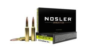 Nosler Ballistic Tip 6.5 Creedmoor 120 grain ammunition 20-round box in black and green with cartridges