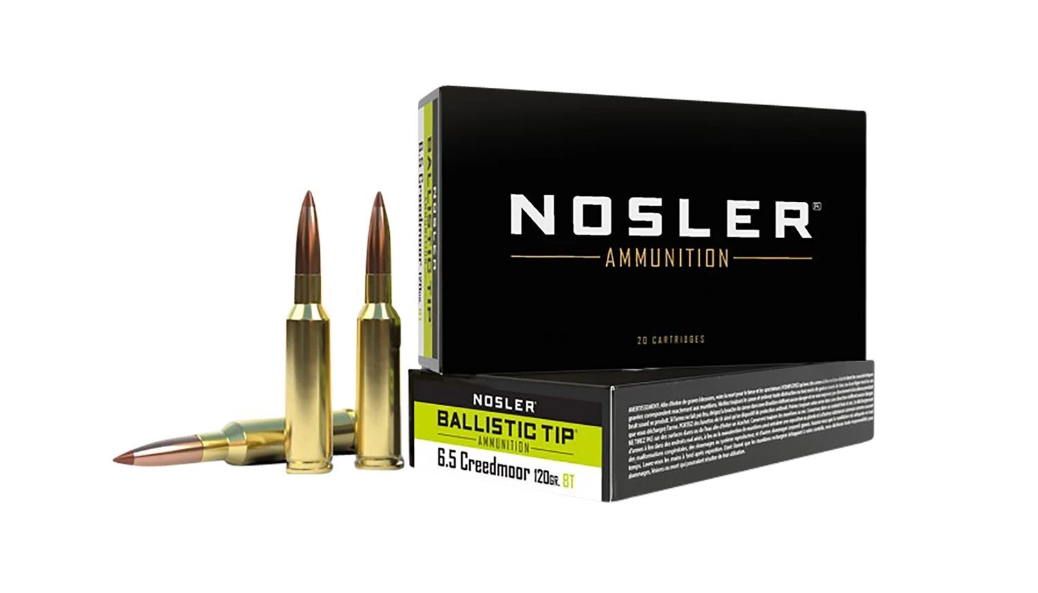 Nosler Ballistic Tip 6.5 Creedmoor 120 grain ammunition 20-round box in black and green with cartridges