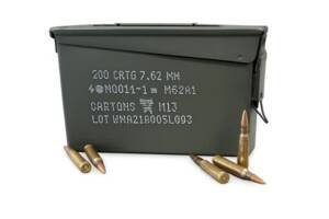Lake City M80 7.62x51mm NATO 149 grain FMJ ammunition open green steel ammo can filled with loose brass cartridges