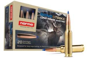 Norma BondStrike 7mm PRC 165 grain Bonded Tip ammunition 20-round box featuring an elk graphic and brass cartridges