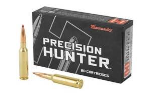 Hornady Precision Hunter 6.5 Creedmoor 143 grain ELD-X ammunition 20-round box in black with two loose cartridges and red polymer tips