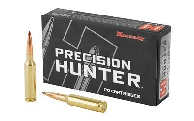 Hornady Precision Hunter 6.5 Creedmoor 143 grain ELD-X ammunition 20-round box in black with two loose cartridges and red polymer tips