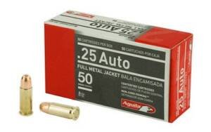 Aguila .25 Auto 50 grain FMJ handgun ammunition, 50-round box