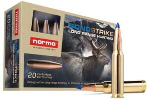 Norma BondStrike .308 Winchester 180 grain Bonded Tip ammunition 20-round box featuring tan and black packaging with big game hunting imagery and a blue-tipped cartridge