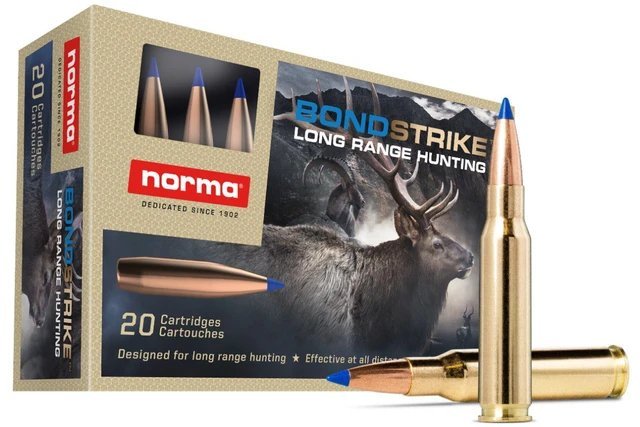 Norma BondStrike .308 Winchester 180 grain Bonded Tip ammunition 20-round box featuring tan and black packaging with big game hunting imagery and a blue-tipped cartridge