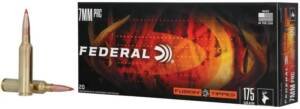 Federal Fusion Tipped 7mm PRC 175 grain ammunition 20-round box featuring an orange graphic and two loose cartridges