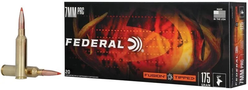 Federal Fusion Tipped 7mm PRC 175 grain ammunition 20-round box featuring an orange graphic and two loose cartridges