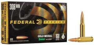 Federal Gold Medal Match .308 Winchester 168 grain SMK ammunition case featuring classic black and gold packaging alongside loose match-grade cartridges