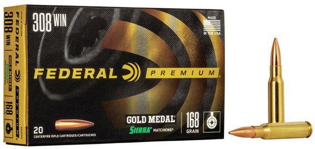 Federal Gold Medal Match .308 Winchester 168 grain SMK ammunition case featuring classic black and gold packaging alongside loose match-grade cartridges