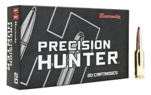 Hornady Precision Hunter 7mm PRC 175 grain ELD-X ammunition 20-round box in black and white with a visible cartridge next to it