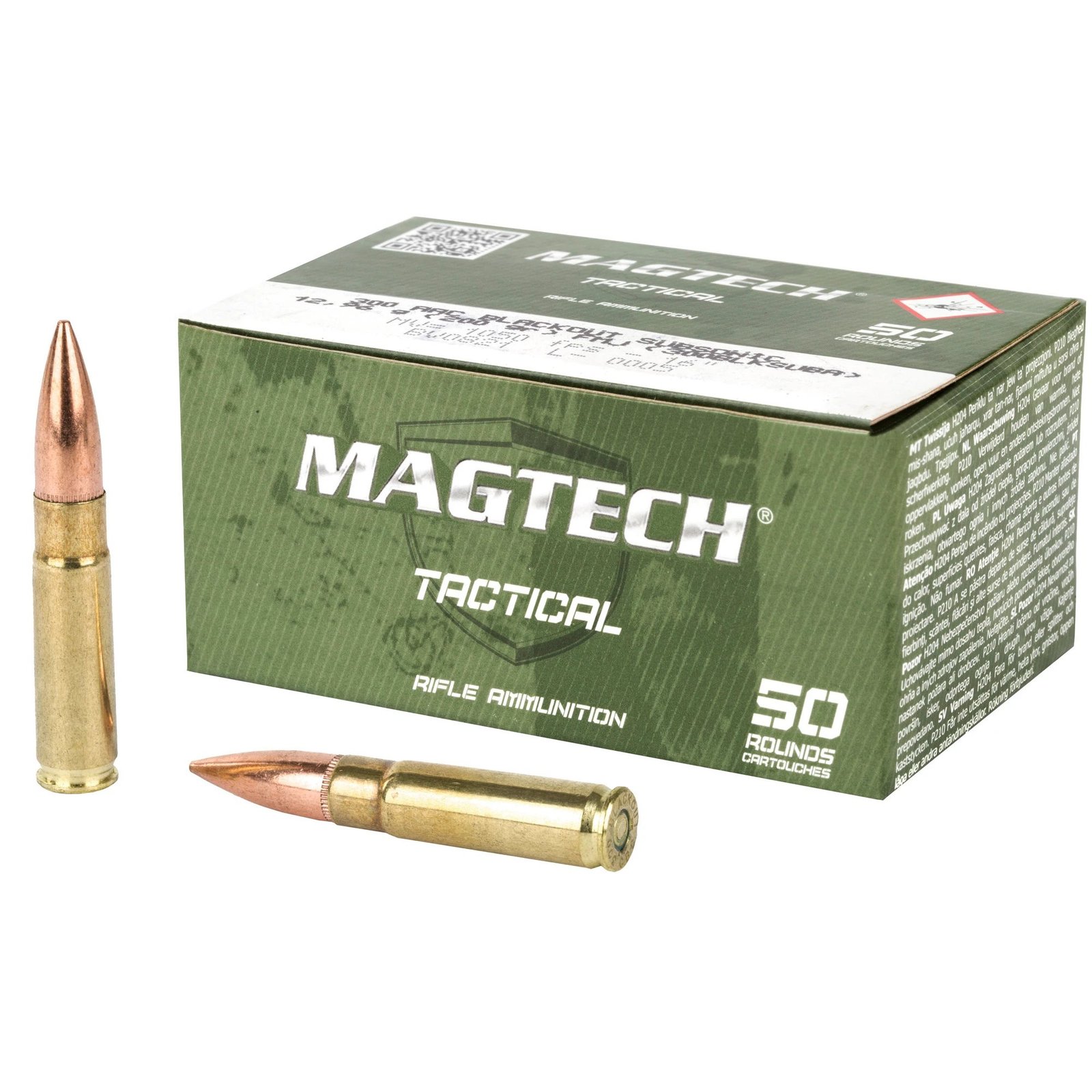 Magtech Tactical .300 AAC Blackout 200 grain subsonic FMJ ammunition 50-round tactical green box with white branding and loose brass cartridges