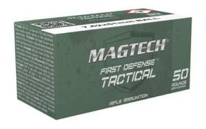 Magtech First Defense Tactical 7.62x51mm NATO 147 grain FMJ ammunition 50-round green tactical box featuring white branding and shield graphics