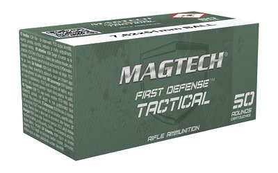 Magtech First Defense Tactical 7.62x51mm NATO 147 grain FMJ ammunition 50-round green tactical box featuring white branding and shield graphics