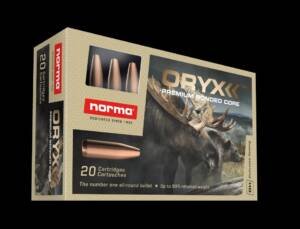 Norma Oryx 338 Winchester Magnum 230 grain bonded core ammunition 20-round box featuring moose artwork and preview window showing bullet tips