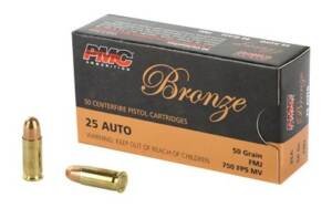 PMC Bronze .25 Auto 50 grain FMJ ammunition box and loose cartridges