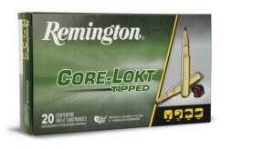 Remington Core-Lokt Tipped 7mm PRC 175 grain ammunition 20-round box featuring green and black branding with two loose cartridges and an expanded bullet graphic