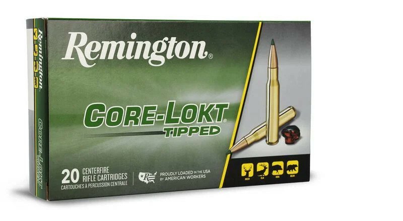 Remington Core-Lokt Tipped 7mm PRC 175 grain ammunition 20-round box featuring green and black branding with two loose cartridges and an expanded bullet graphic