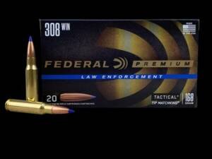 Federal Tactical TRU .308 Winchester 168 grain TMK ammunition 20-round box featuring black and gold packaging with a blue law enforcement stripe and two tipped cartridges