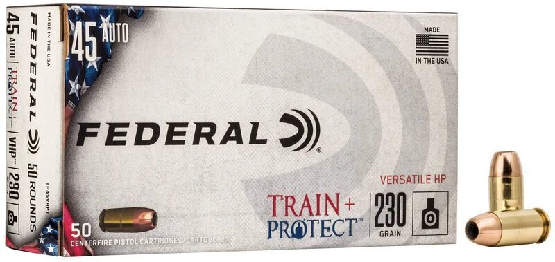 Federal Train + Protect .45 ACP 230 grain VHP personal defense ammunition 50-round box