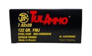 TulaAmmo 7.62x39mm 122 grain FMJ steel case ammunition 40-round box featuring black packaging with red and yellow TulaAmmo branding