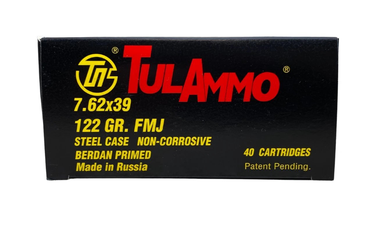 TulaAmmo 7.62x39mm 122 grain FMJ steel case ammunition 40-round box featuring black packaging with red and yellow TulaAmmo branding