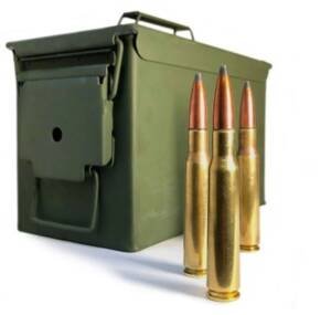 CBC Global Ammunition .50 BMG 647 grain API M8 rounds standing next to a green M2A1 metal ammo can