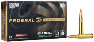 Federal Gold Medal Match .308 Winchester 175 grain SMK ammunition 20-round box featuring black and gold packaging with two match-grade cartridges