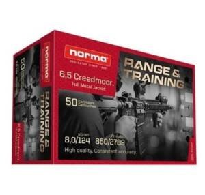 Norma Range & Training 6.5 Creedmoor 124 grain FMJ ammunition 50-round box in red and black with tactical rifle graphic