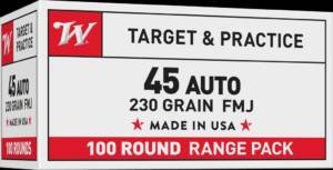 Winchester Target & Practice .45 ACP 230 grain FMJ range ammunition 100-round range pack box