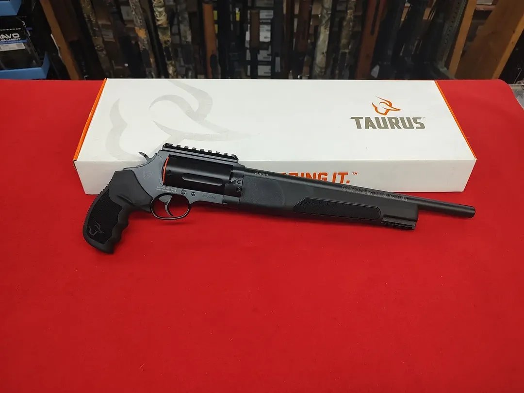 Taurus Judge Home Defender 410 bore 45 Colt revolver with 13 inch barrel on white display box