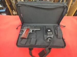 Used Fusion Bantam 9mm Pistol with custom wood grips, kydex holster, and soft case