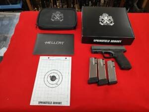 Used Springfield Hellcat Pro 9mm Platinum Gray with 4 mags, factory box, soft case, and target